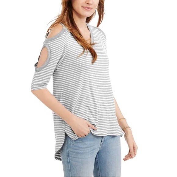 French Laundry V-Neck Stripe 3/4 Short Elbow Sleeve Tunic Tee Top High Low Slits - Picture 1 of 16